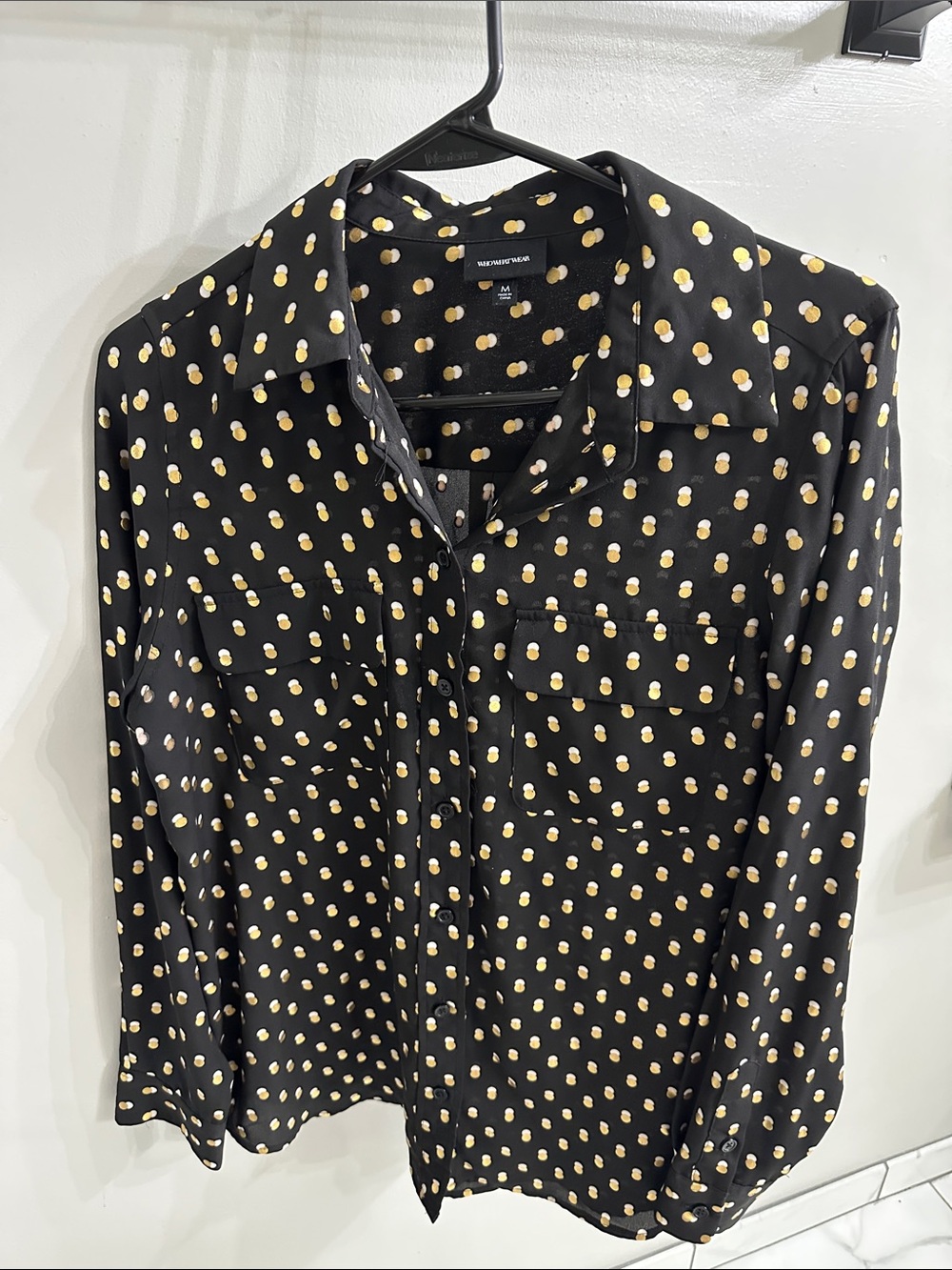 Who What Wear Black Button-Down Shirt with Yellow Dot Print